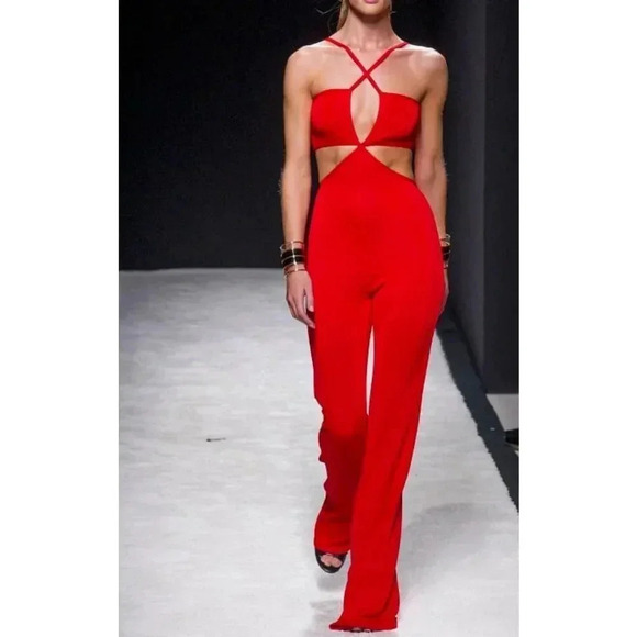 Balmain red knit cut out jumpsuit size 38  Flared Halter Runway 2015 US size 6 - Picture 2 of 16